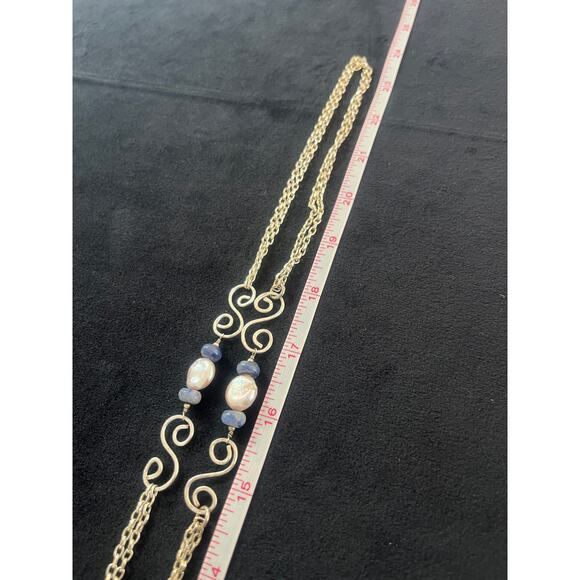 Vintage Sterling Silver Coin Pearls & Blue gemstones chain necklace - Picture 5 of 7